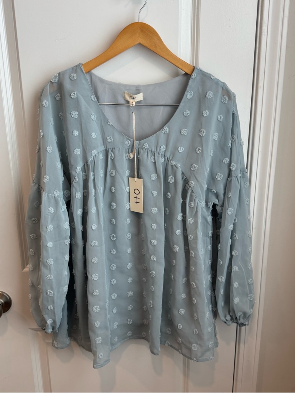 Ott Women's Top Lined Chiffon Blouse Pom Appliques Blue Small NWT